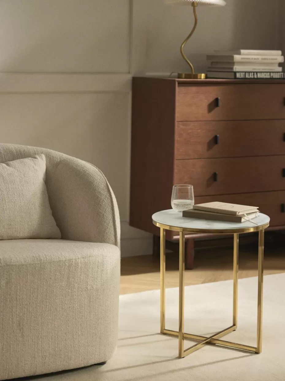Beistelltische-Westwing Collection Runder Beistelltisch Antigua mit Glasplatte in Marmor-Optik Marmor-Optik Weiß, Goldfarben glänzend