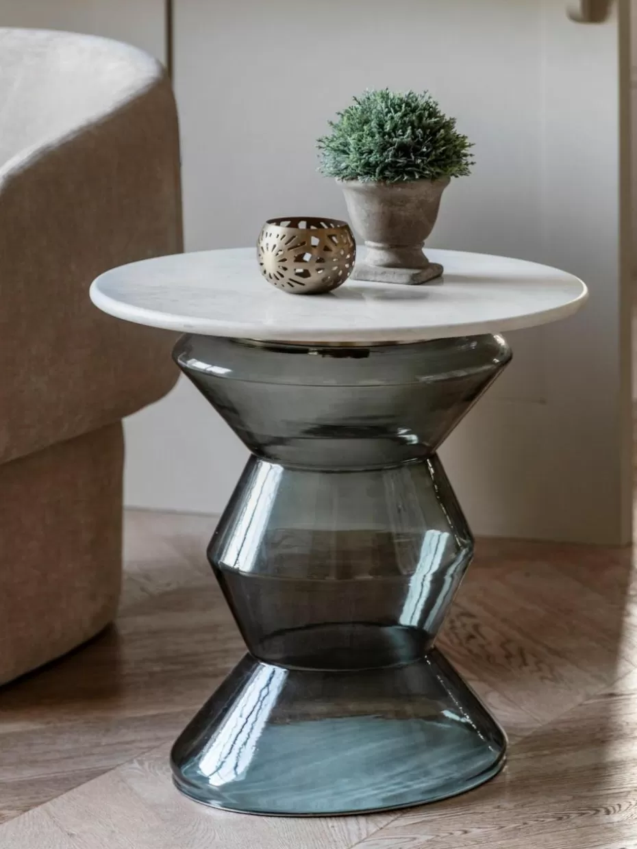 Beistelltische-Westwing Runder Beistelltisch Turin aus Glas und Marmor, mundgeblasen Weiß marmoriert, Transparent
