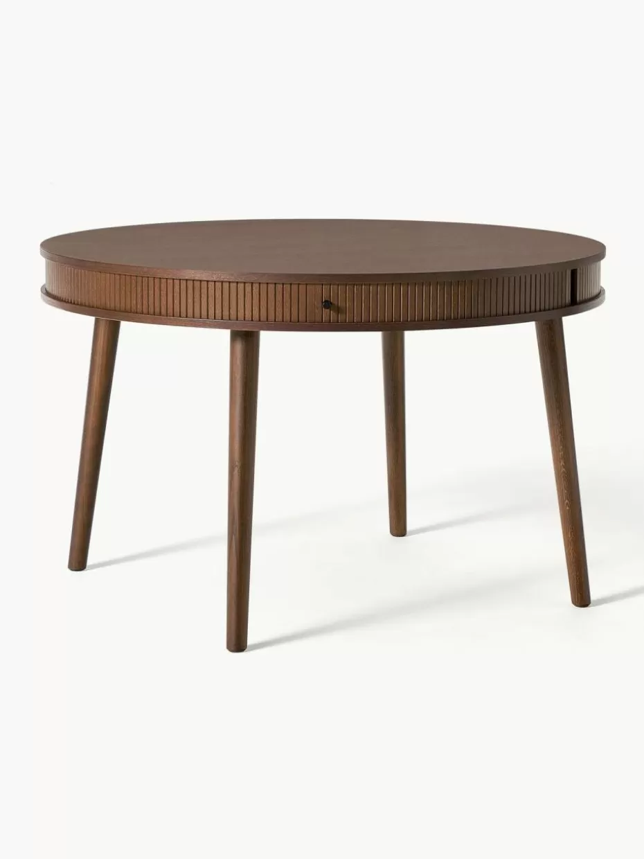 Esstische-Westwing Collection Runder Esstisch Calary mit Stauraum, Ø 120 cm Eichenholz, dunkelbraun lackiert