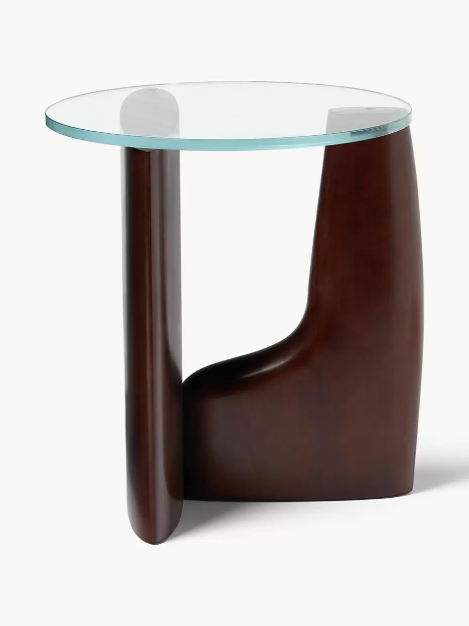 Beistelltische-Westwing Collection Runder Holz-Beistelltisch Miya mit Glasplatte Pappelholz, dunkelbraun lackiert, Transparent