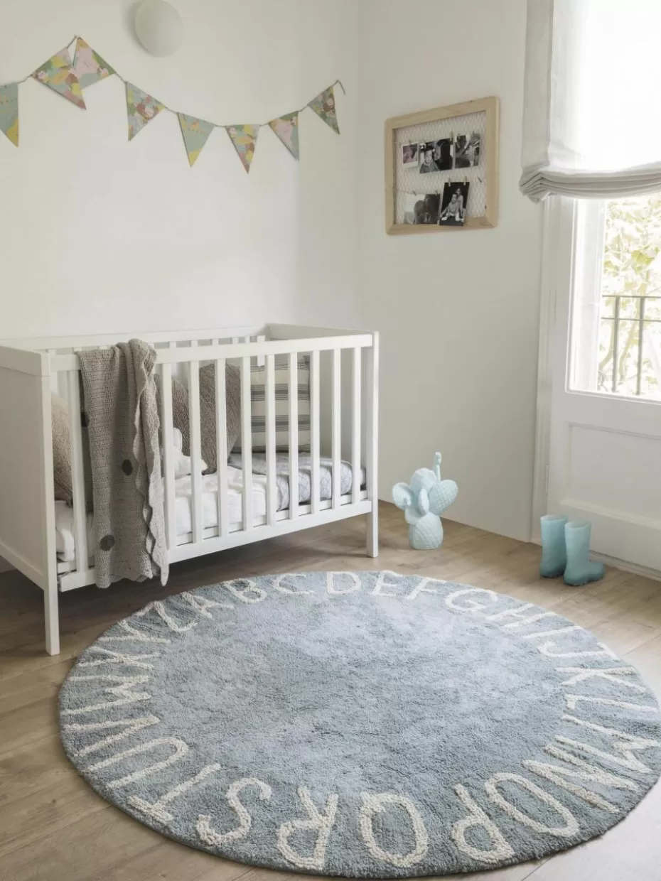 Teppiche-Lorena Canals Runder Kinderteppich ABC mit Buchstaben Design Graublau