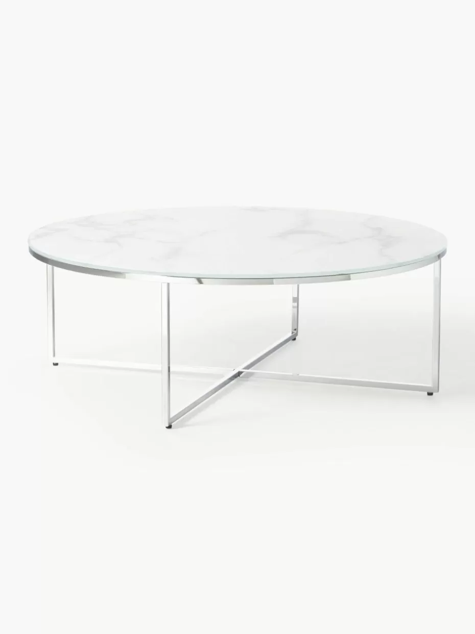 Couchtische-Westwing Collection Runder XL-Couchtisch Antigua mit Glasplatte in Marmor-Optik Marmor-Optik Weiß, Silberfarben glänzend