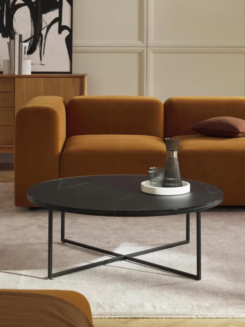 Couchtische-Westwing Collection Runder XL-Couchtisch Antigua mit Glasplatte in Marmor-Optik Marmor-Optik Schwarz, Schwarz matt