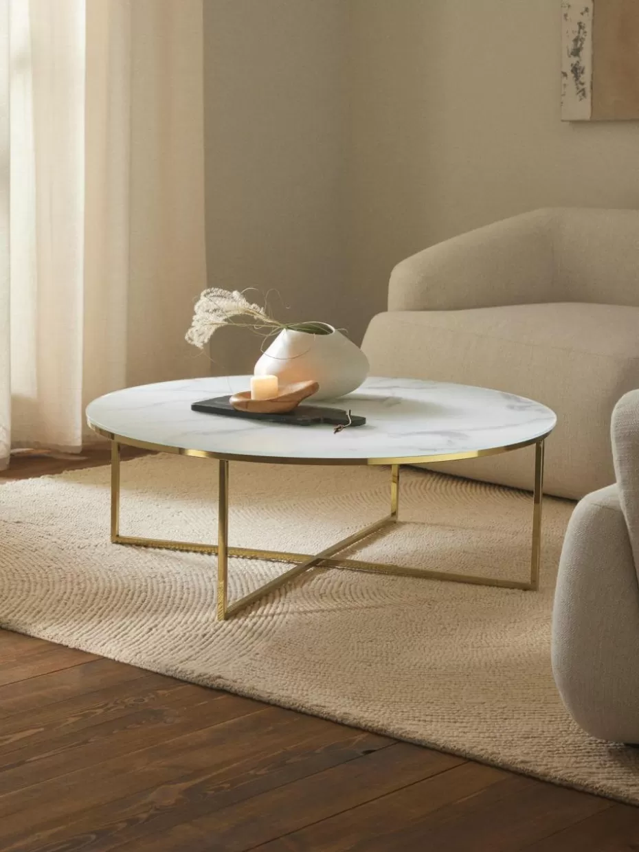 Couchtische-Westwing Collection Runder XL-Couchtisch Antigua mit Glasplatte in Marmor-Optik Marmor-Optik Weiß, Goldfarben glänzend