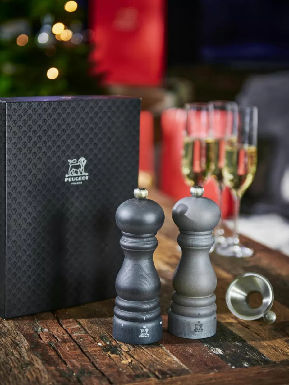 Gewürzmühlen-Peugeot Saveurs Salz- & Pfeffermühle Graphite Light mit Trichter, 3er-Set