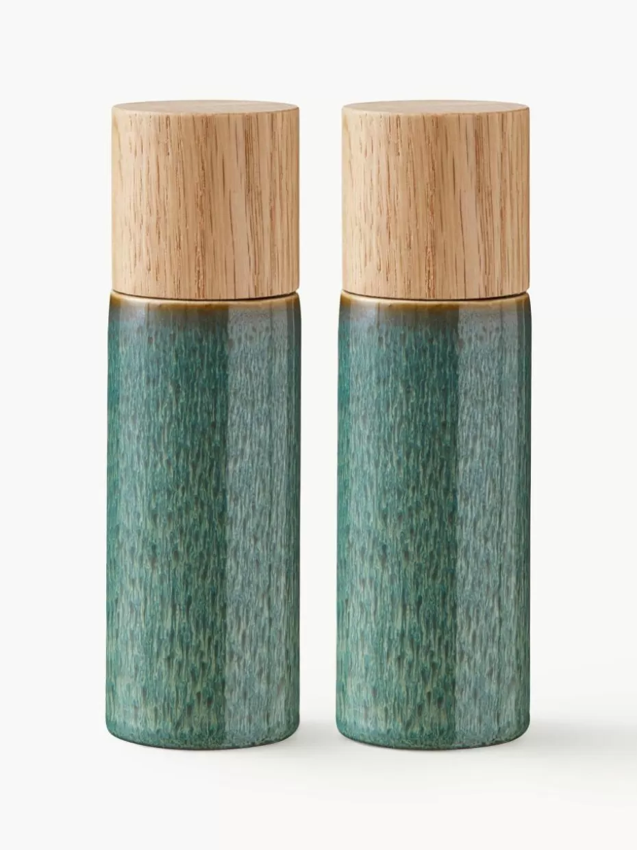 Gewürzmühlen-Bitz Salz- und Pfeffermühle mit Holzdeckel, 2er-Set Dunkelgrün, gesprenkelt
