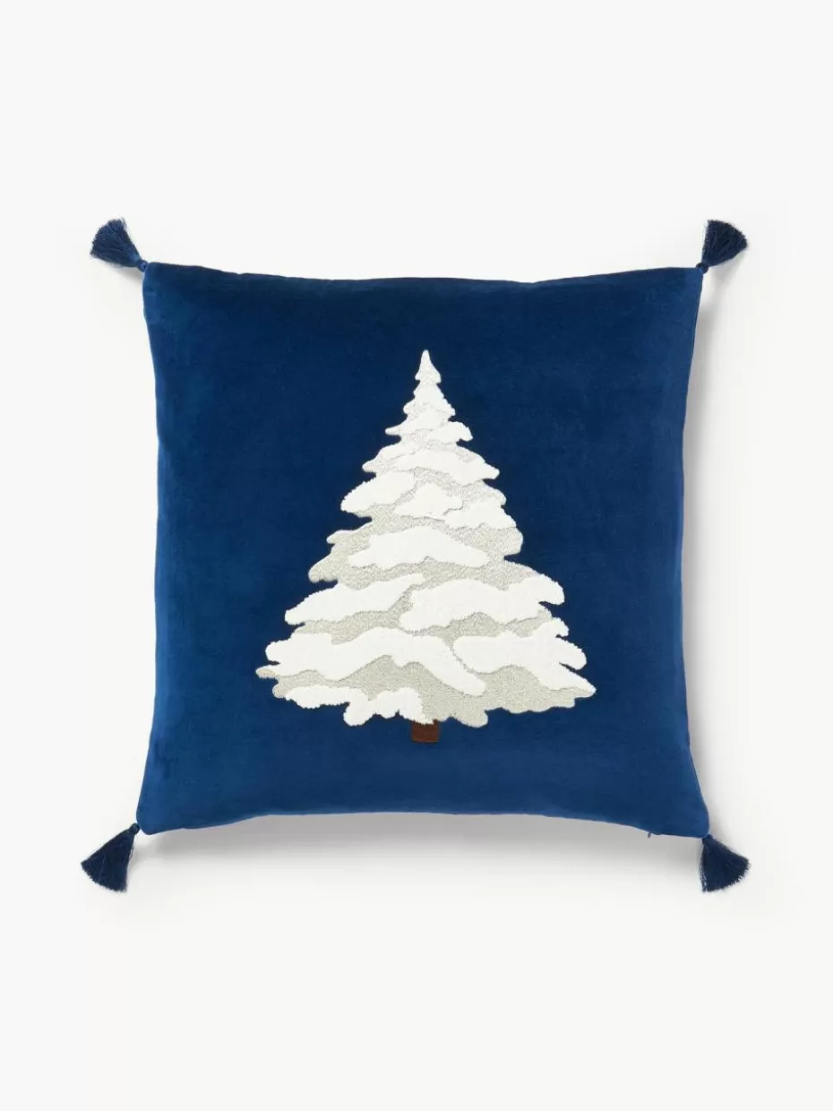 Weihnachtskissen | Dekokissen-Westwing Collection Samt-Kissenhülle Amara mit gesticktem Tannenbaum Dunkelblau, Weiß, Hellbeige