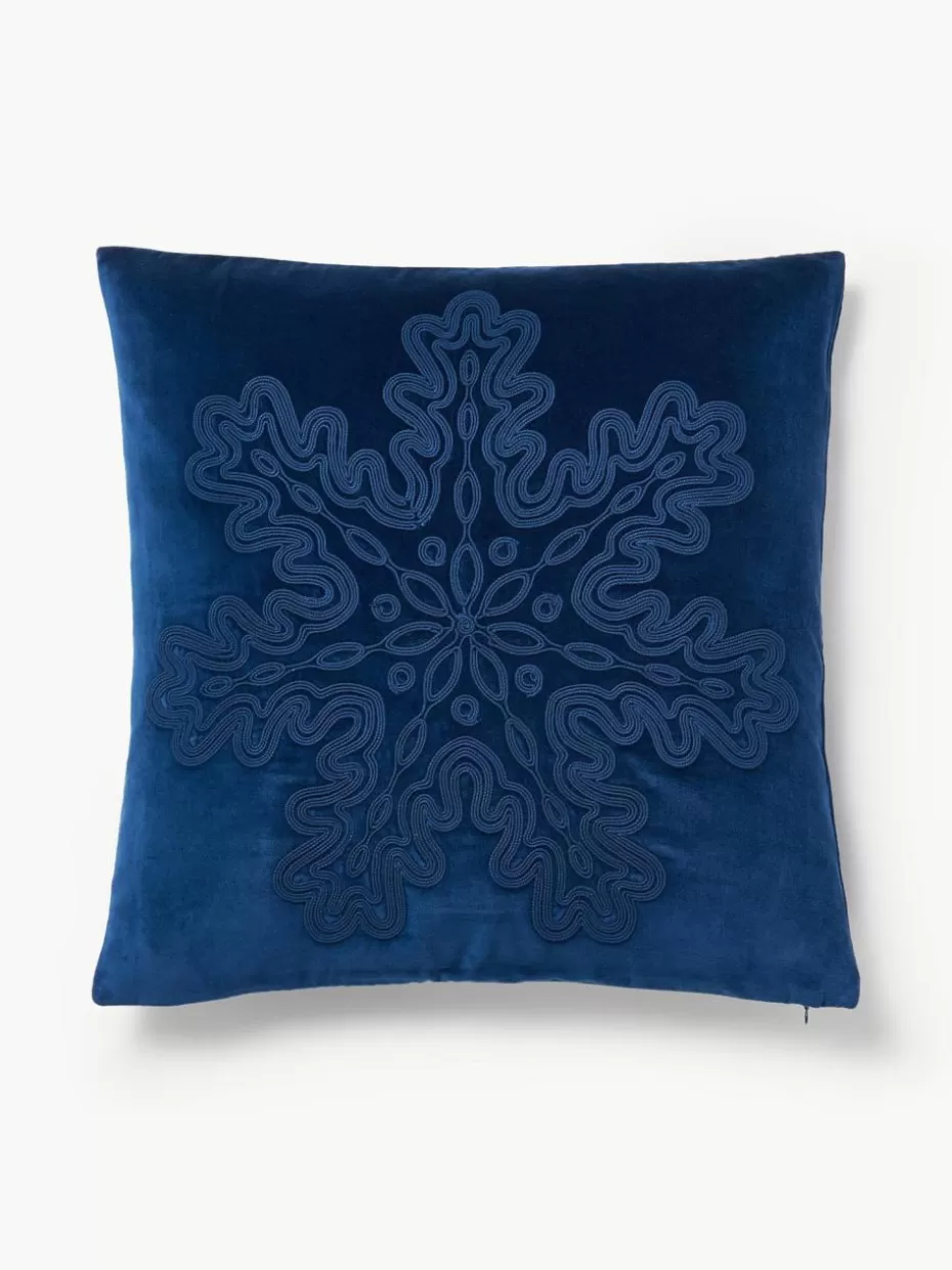 Weihnachtskissen | Dekokissen-Westwing Collection Samt-Kissenhülle Celeste mit winterlichem Motiv Dunkelblau