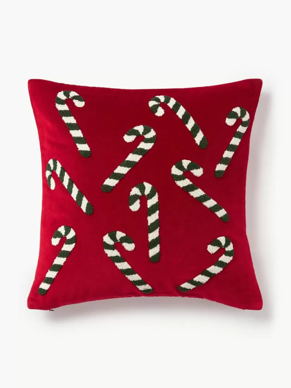 Weihnachtskissen | Glow-Up-Westwing Collection Samt-Kissenhülle Darva mit getuftetem Zuckerstangen-Muster Rot
