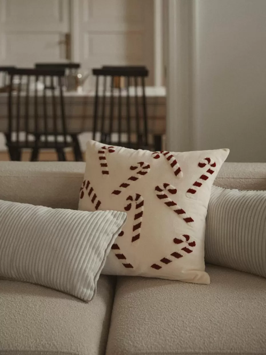Weihnachtskissen | Glow-Up-Westwing Collection Samt-Kissenhülle Darva mit getuftetem Zuckerstangen-Muster Cremeweiß