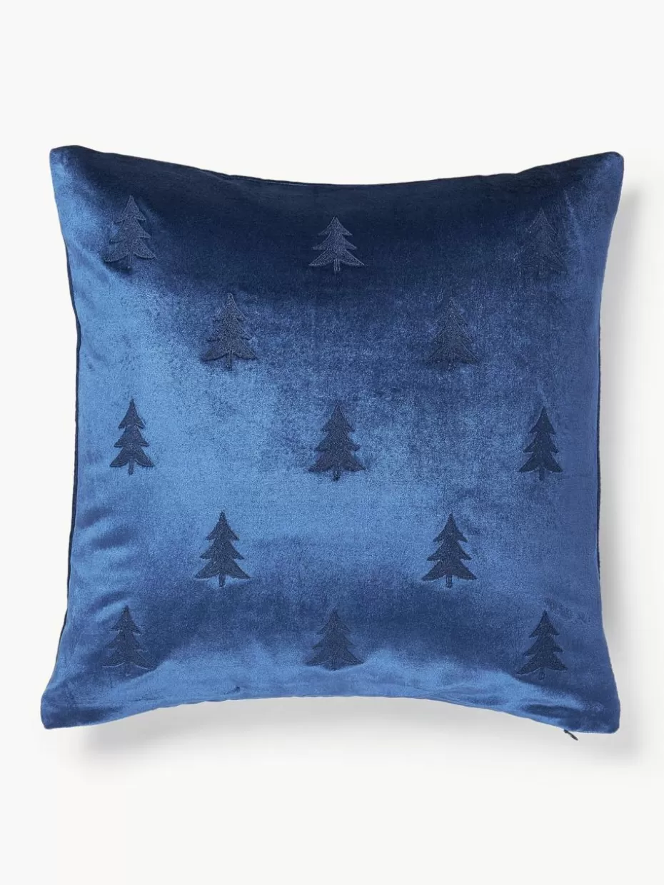 Weihnachtskissen | Dekokissen-Westwing Collection Samt-Kissenhülle Isadora mit Weihnachtsbaum-Stickerei Royalblau