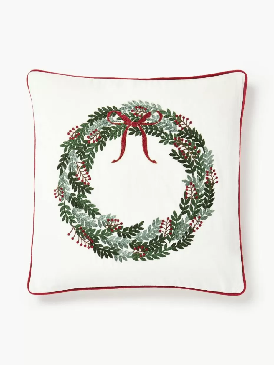 Weihnachtskissen | Festliche Eleganz-Westwing Collection Samt-Kissenhülle Rosaline mit gesticktem Weihnachtskranz