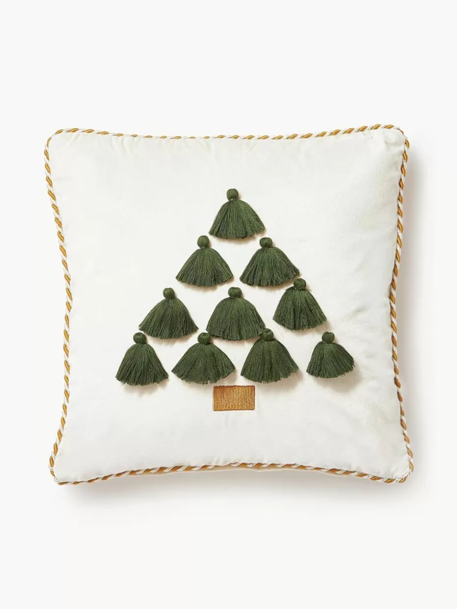 Weihnachtskissen | Festliche Eleganz-Westwing Collection Samt-Kissenhülle Skyler mit weihnachtlichem Motiv und Quasten