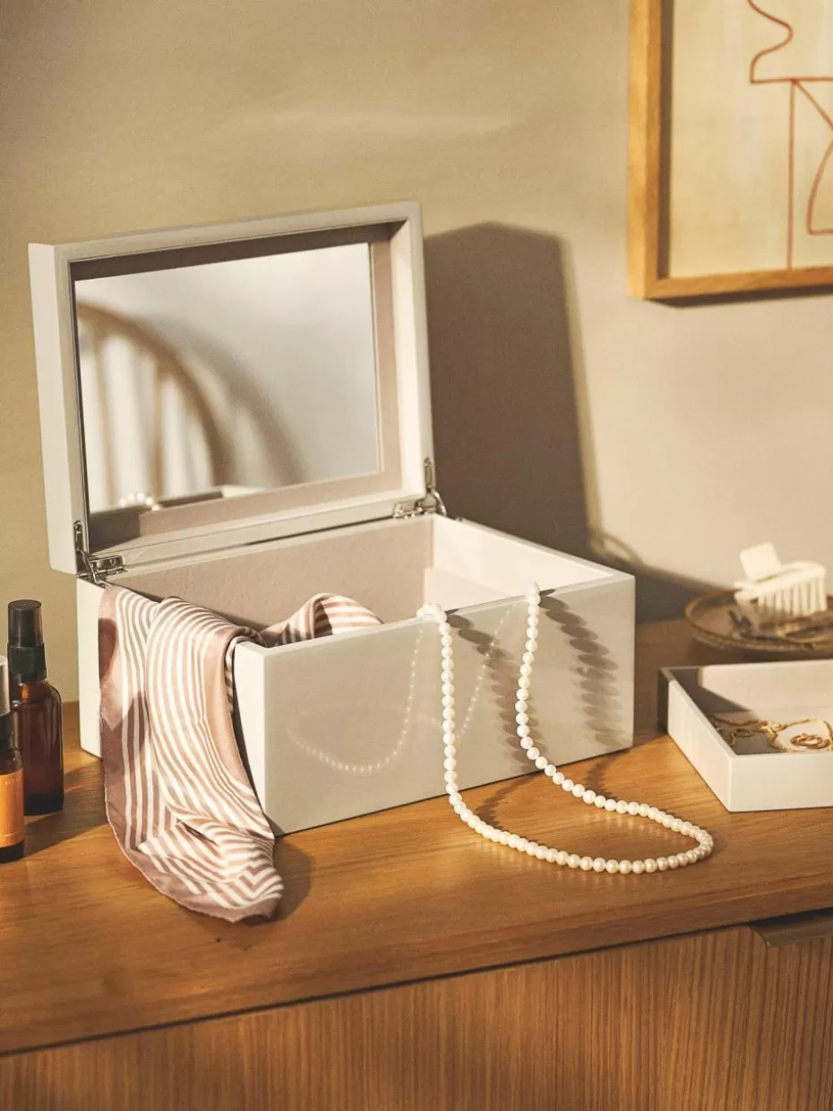 Dosen & Schmuckkästchen-Westwing Collection Schmuckbox Taylor mit Spiegel Hellbeige, glänzend