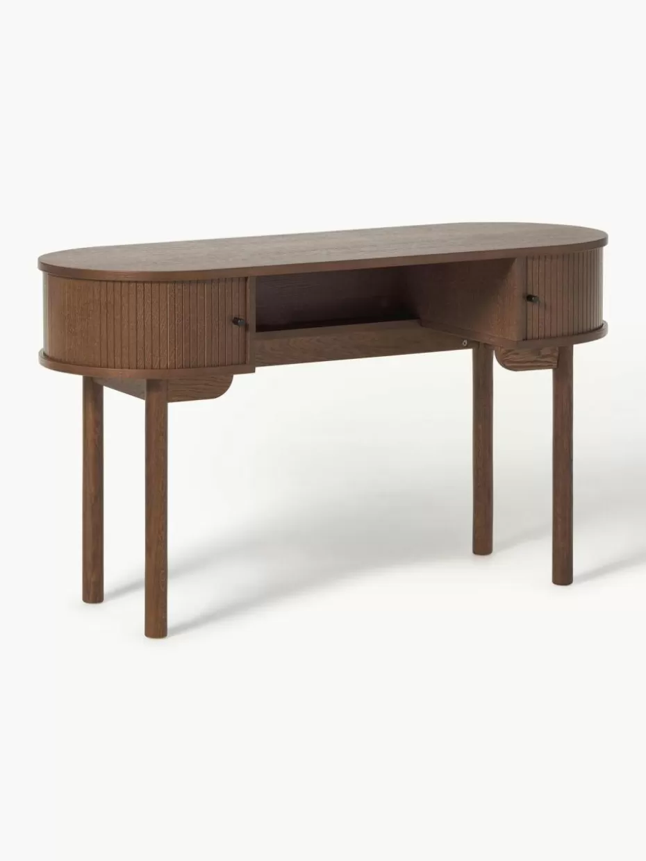Schreibtische-Westwing Collection Schreibtisch Calary mit geriffelter Front Eichenholz, dunkelbraun lackiert
