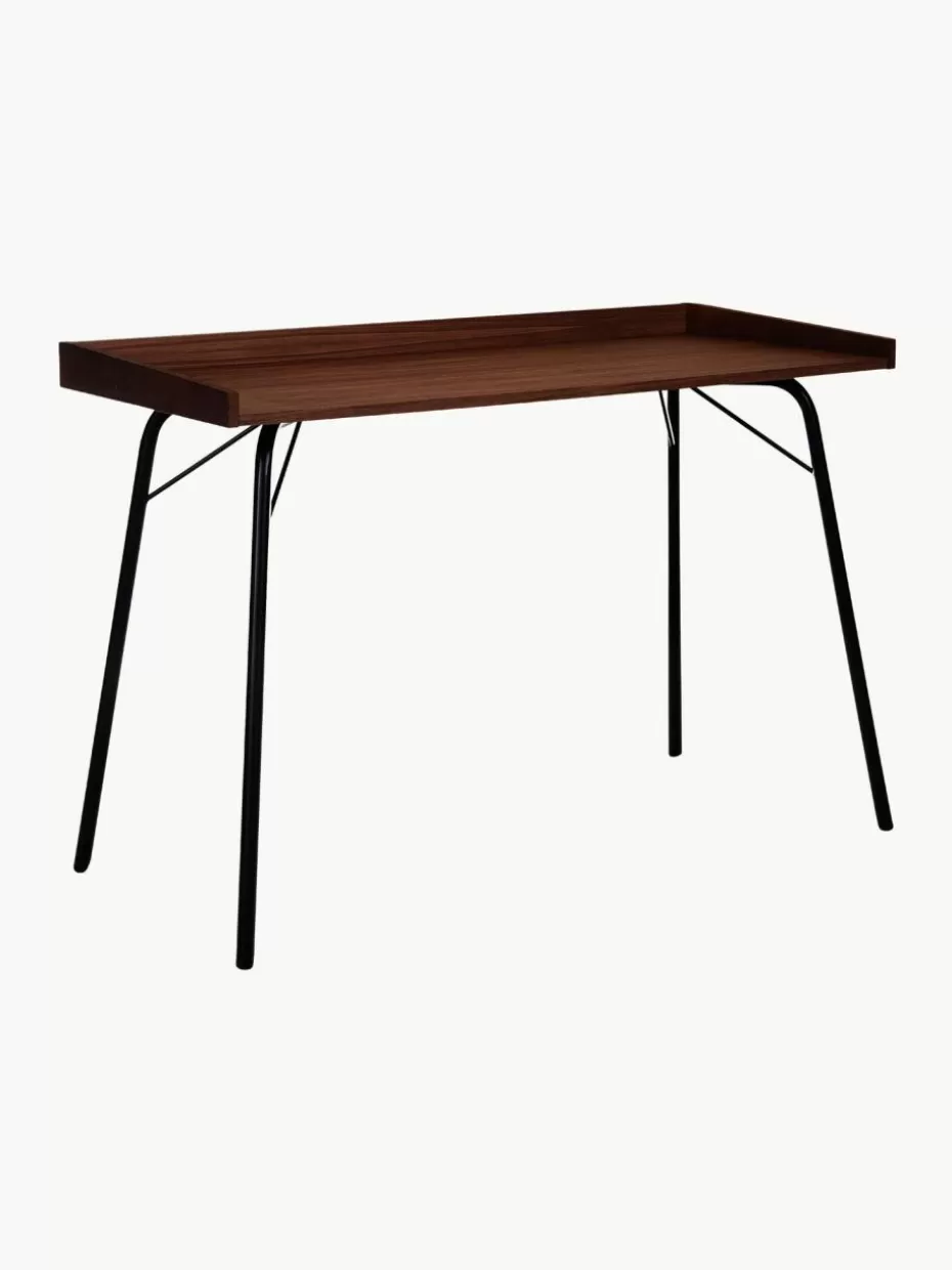 Schreibtische-Westwing Schreibtisch Rayburn mit Walnussholzfurnier Holz, dunkel, Schwarz