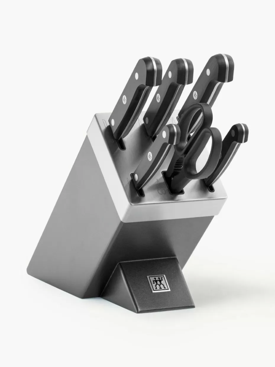 Küchenmesser-Zwilling Selbstschärfender Messerblock Gourmet mit 5 Messern und 1 Schere Grau, Silberfarben, Schwarz