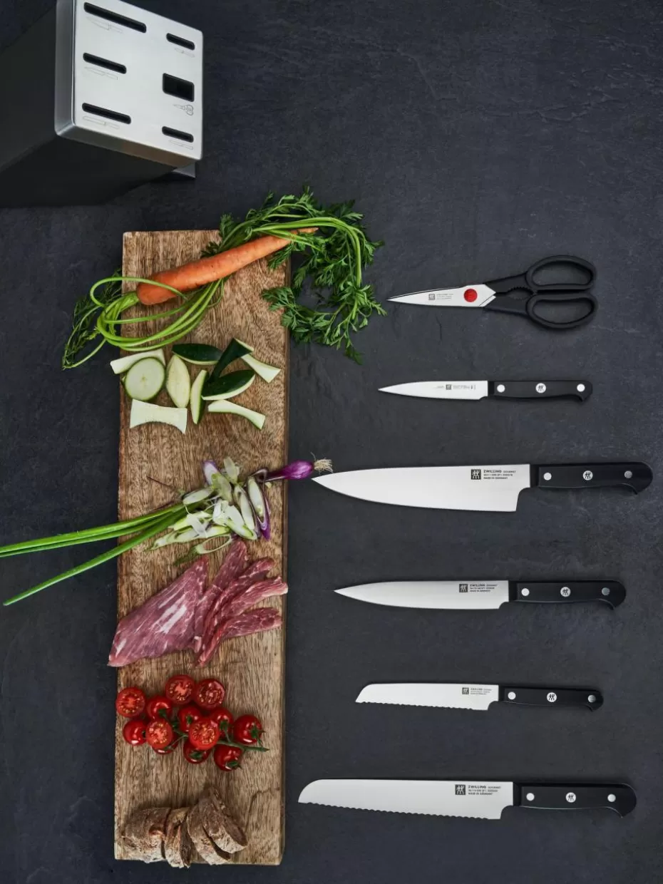 Küchenmesser-Zwilling Selbstschärfender Messerblock Gourmet mit 5 Messern und 1 Schere Grau, Silberfarben, Schwarz