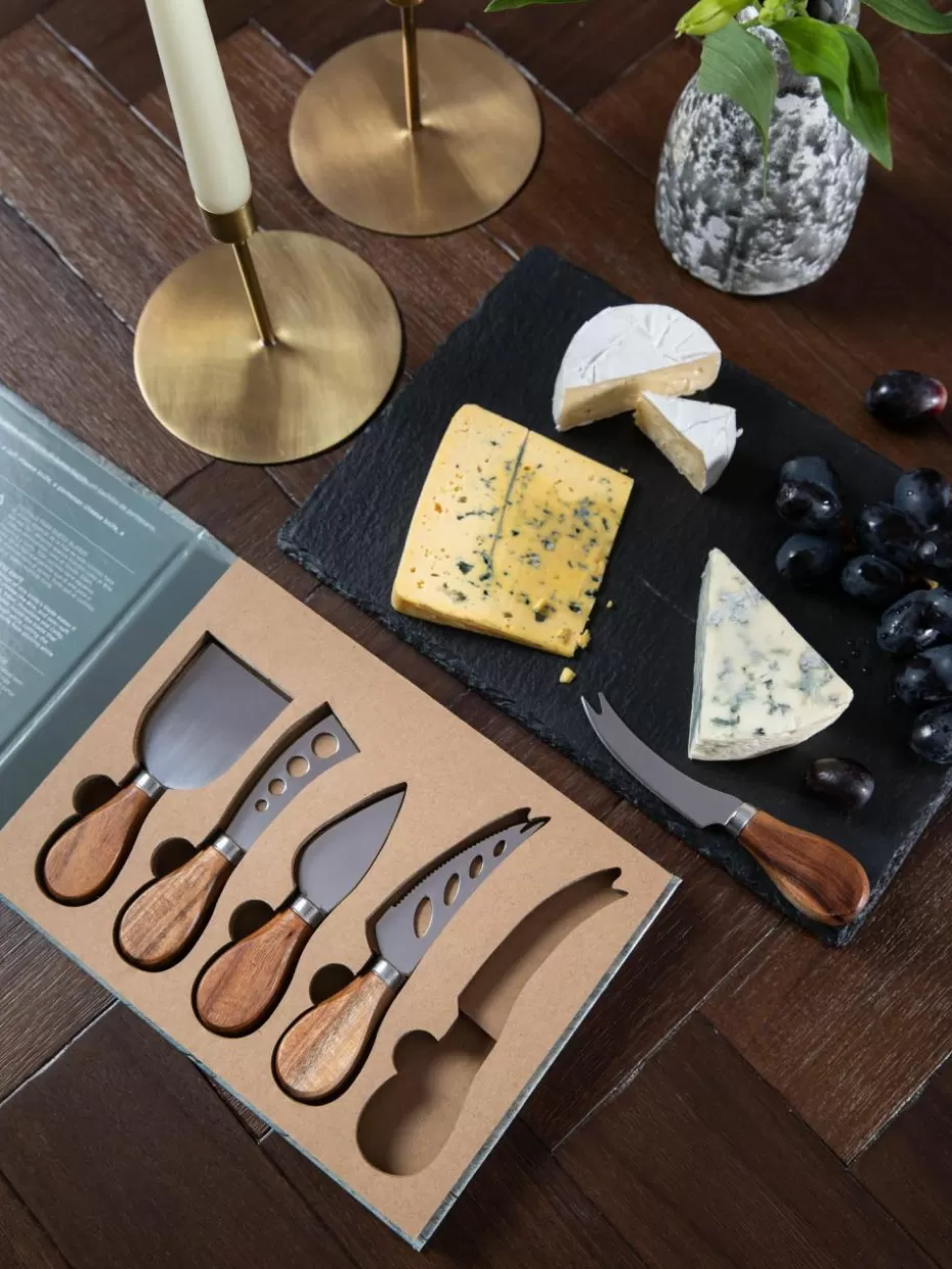 Weihnachtsgeschirr | Küchenmesser-Andrea House Silberne Käsemesser Frija mit Akazienholzgriff, 5er-Set