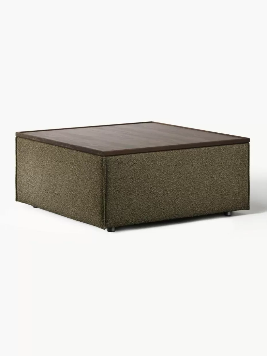 Hocker | Sofaserien-Westwing Collection Sofa-Hocker Lennon aus Bouclé mit Stauraum Bouclé Olivgrün, dunkles Eichenholz