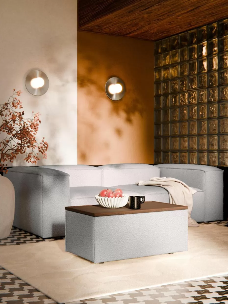 Hocker | Sofaserien-Westwing Collection Sofa-Hocker Lennon aus Bouclé mit Stauraum Bouclé Taupe, dunkles Eichenholz