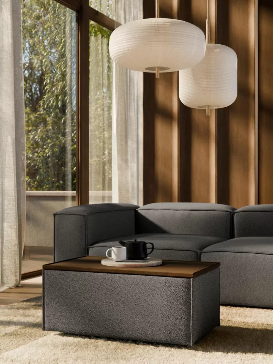 Hocker | Sofaserien-Westwing Collection Sofa-Hocker Lennon aus Bouclé mit Stauraum Bouclé Greige, dunkles Eichenholz