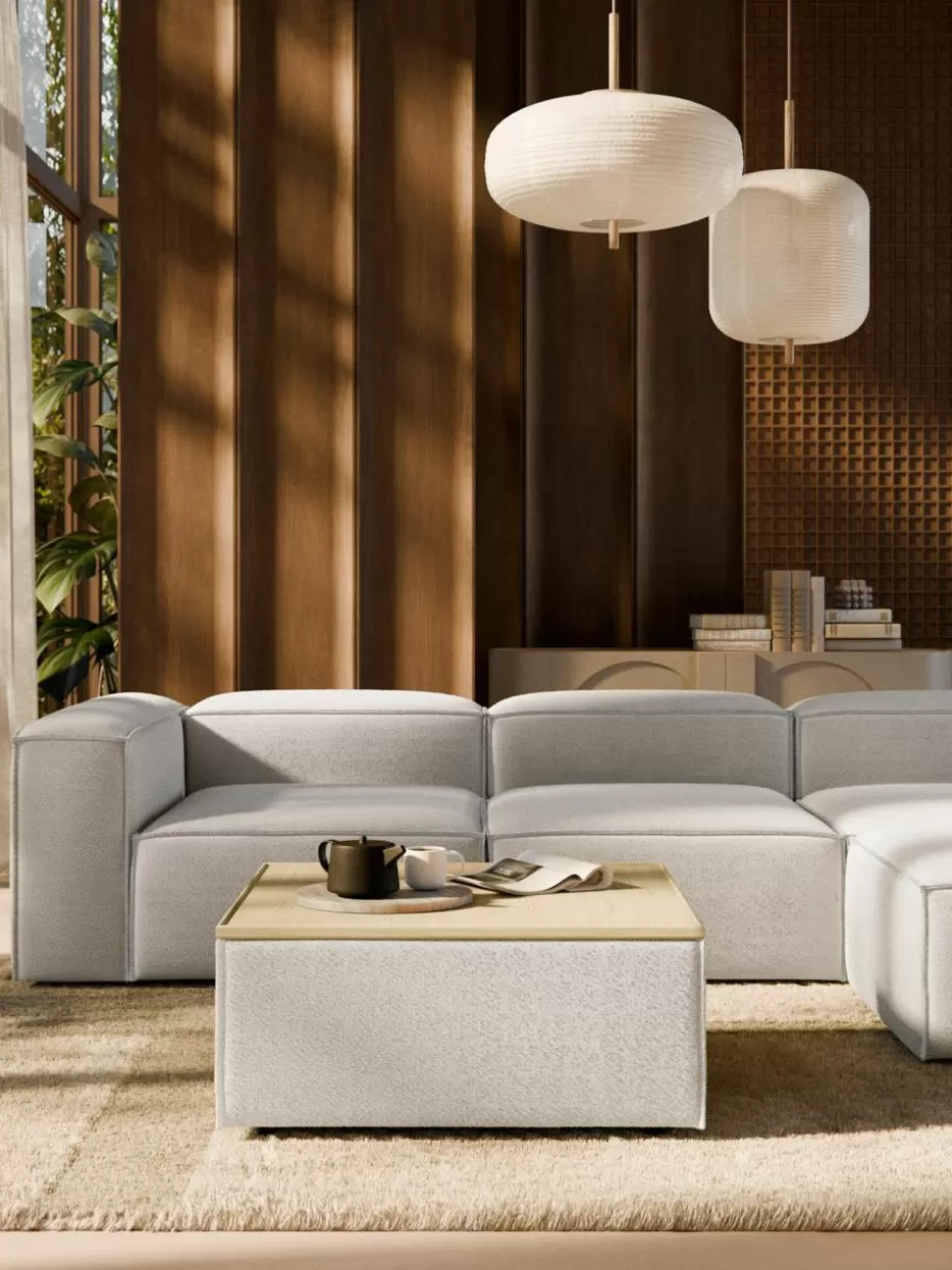Hocker | Sofaserien-Westwing Collection Sofa-Hocker Lennon aus Bouclé mit Stauraum Bouclé Off White, helles Eichenholz