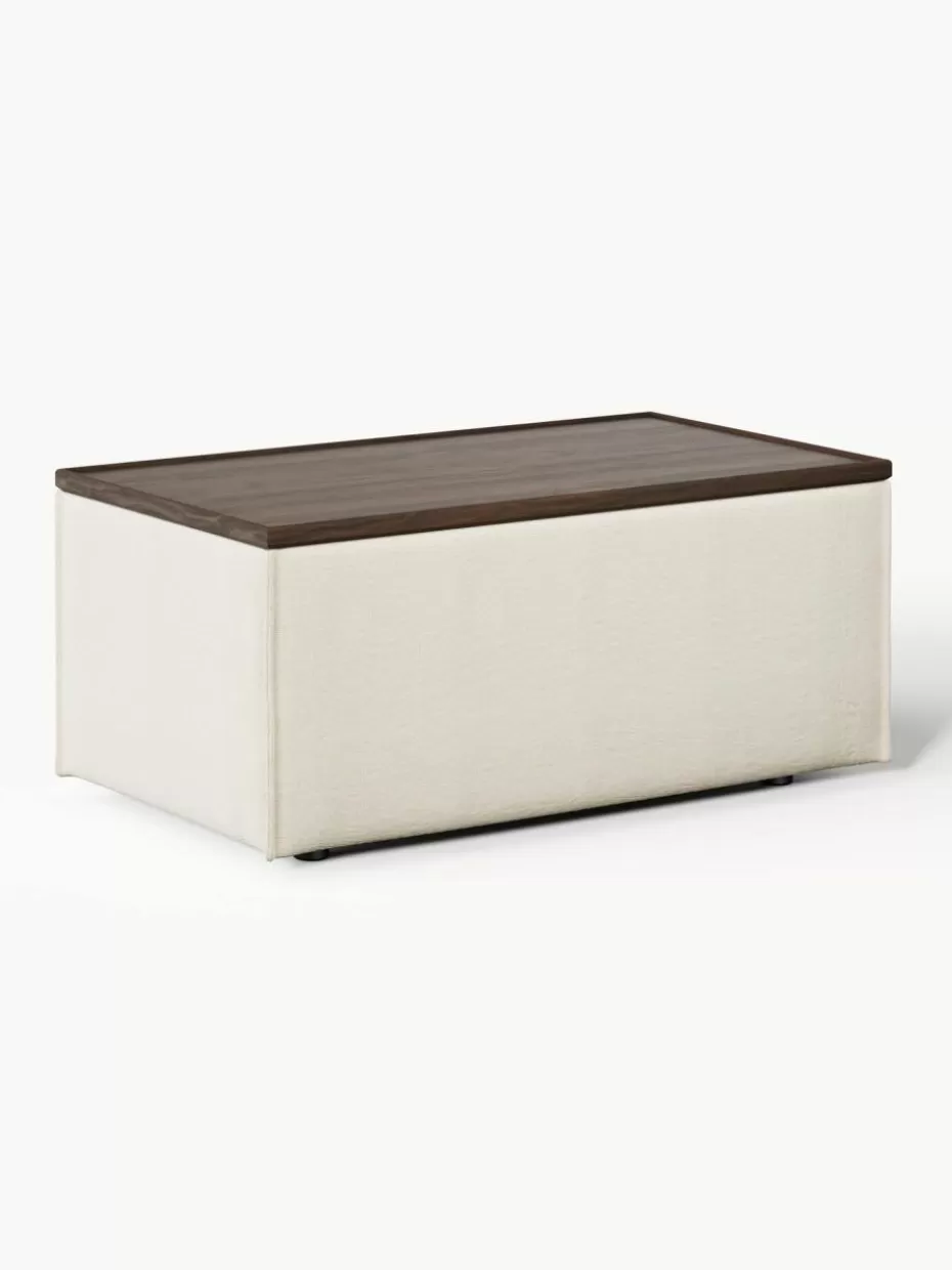 Hocker | Sofaserien-Westwing Collection Sofa-Hocker Lennon mit Stauraum Webstoff Off White, dunkles Eichenholz