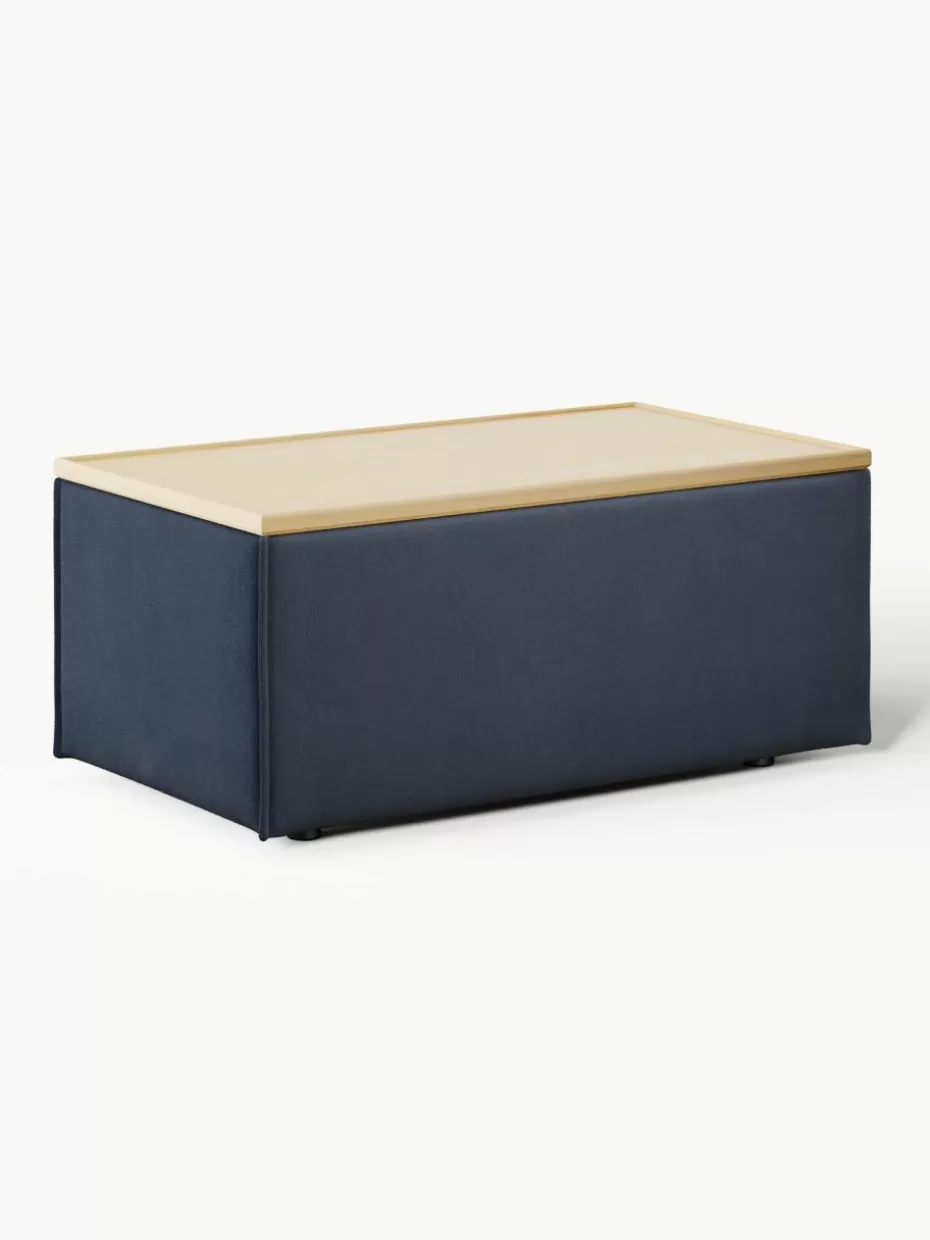 Hocker | Sofaserien-Westwing Collection Sofa-Hocker Lennon mit Stauraum Webstoff Dunkelblau, helles Eichenholz