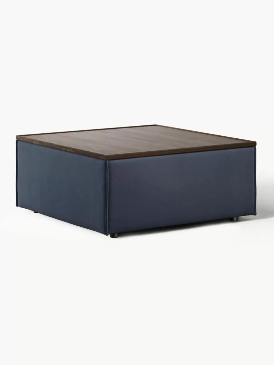 Hocker | Sofaserien-Westwing Collection Sofa-Hocker Lennon mit Stauraum Webstoff Dunkelblau, dunkles Eichenholz