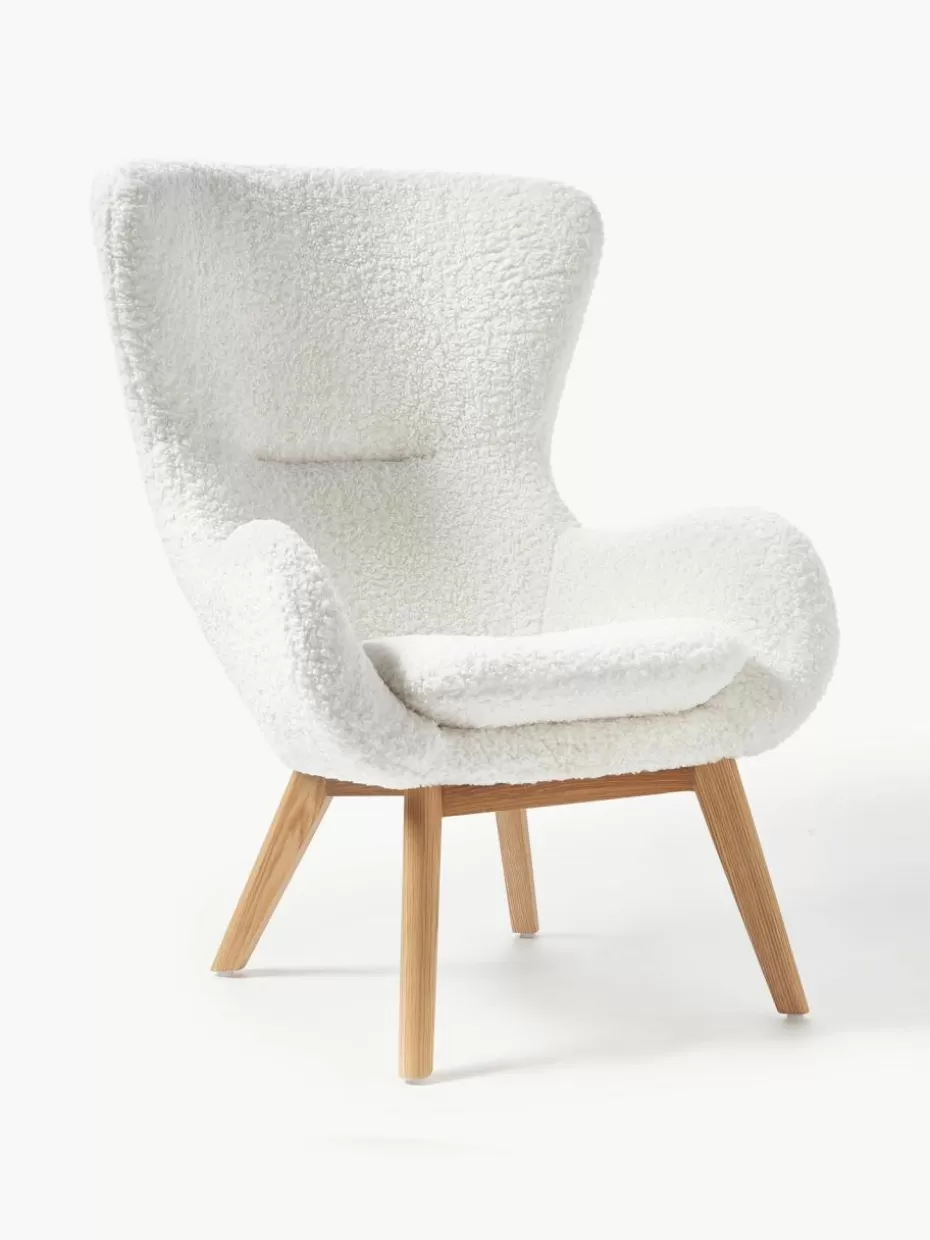 Sessel-Westwing Collection Teddy-Ohrensessel Wing mit Holz-Beinen Teddy Cremeweiß