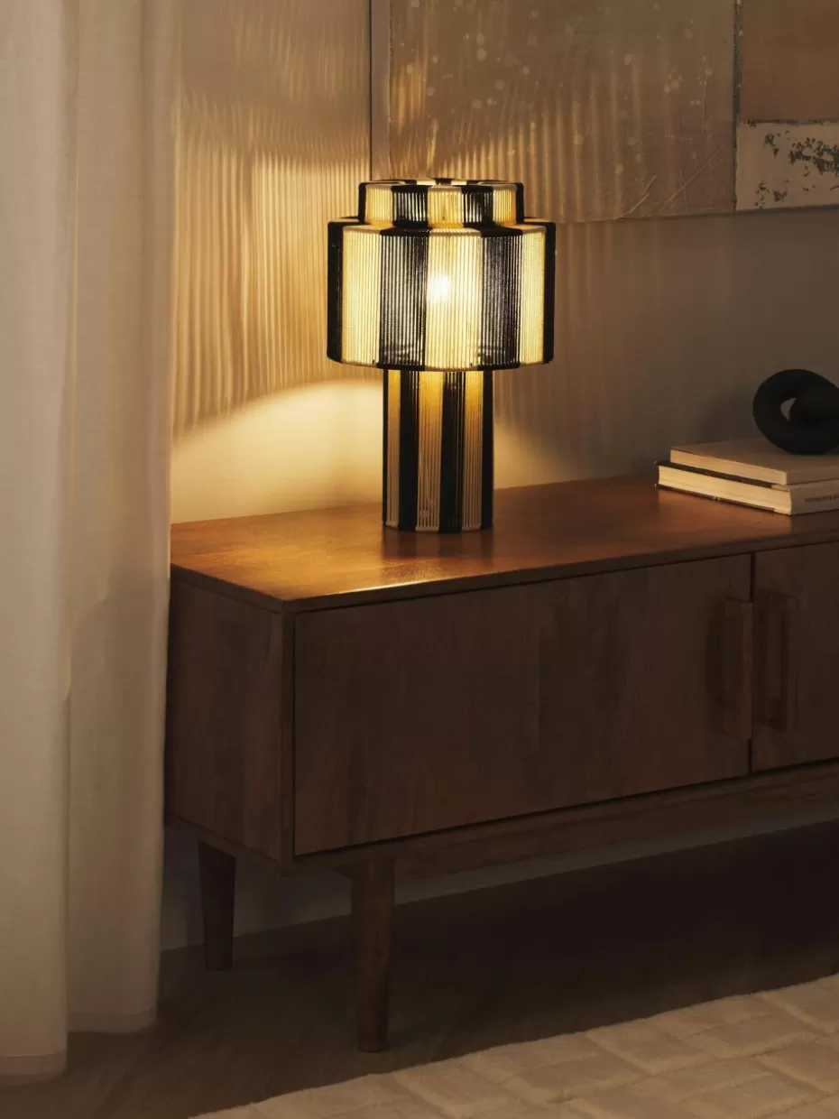 Nachttischlampen-Westwing Collection Tischlampe Lace aus Leinenfäden Schwarz, Cremeweiß