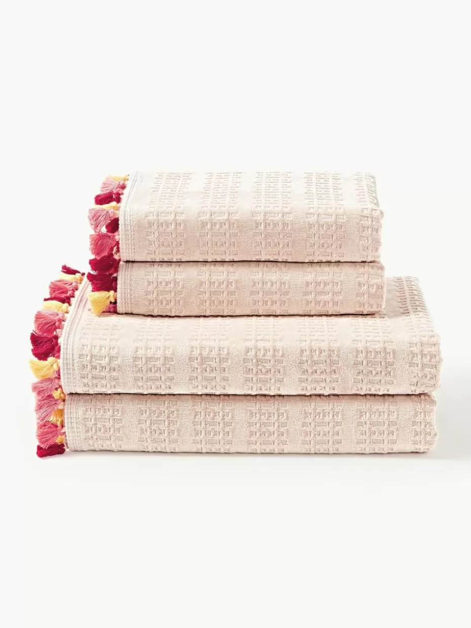 Handtücher-Westwing Collection Velours-Handtuch-Set Tallulah mit dekorativen Fransen, in verschiedenen Setgrößen Peach, Rosa- und Gelbtöne