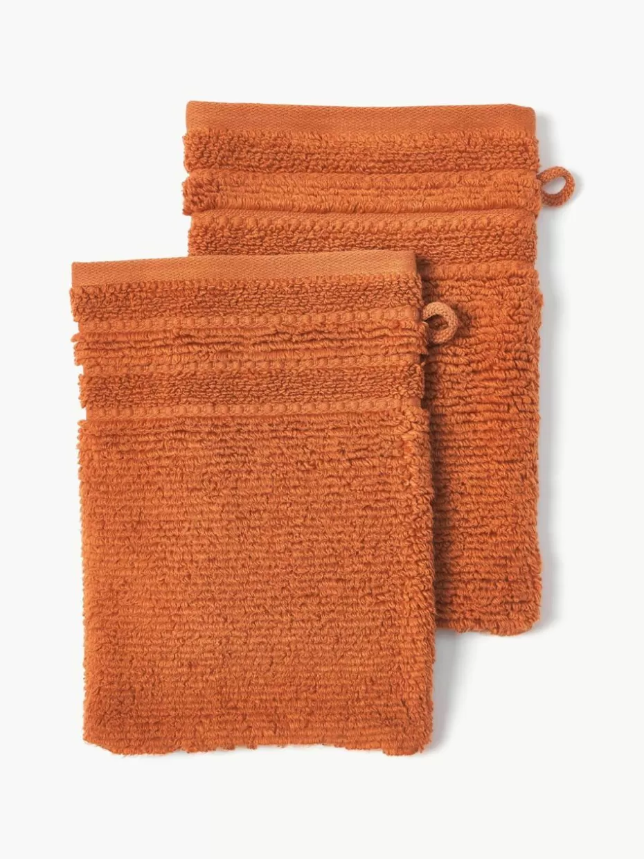 Handtücher-Westwing Collection Waschhandschuhe Luxe mit Streifenbordüre, 2 Stück Terrakotta
