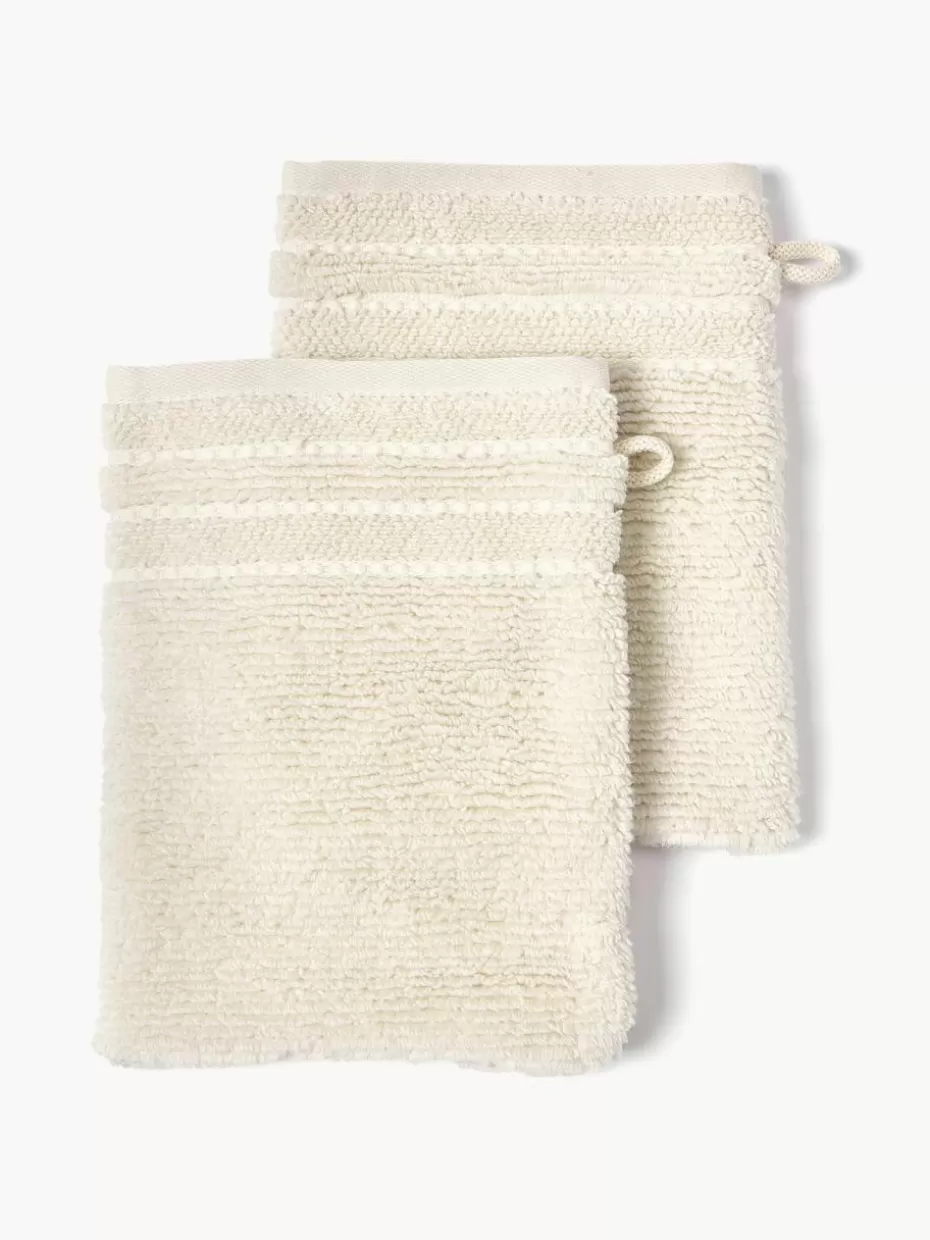 Handtücher-Westwing Collection Waschhandschuhe Luxe mit Streifenbordüre, 2 Stück Off White