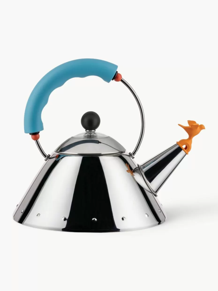 Wasserkocher-Alessi Wasserkessel Bird mit Pfeife, 1 L Silberfarben, Blau, Orange