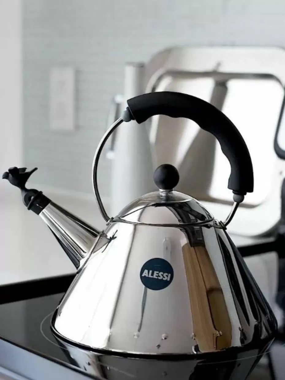 Wasserkocher-Alessi Wasserkessel Bird mit Pfeife, 2 L Silberfarben, Schwarz