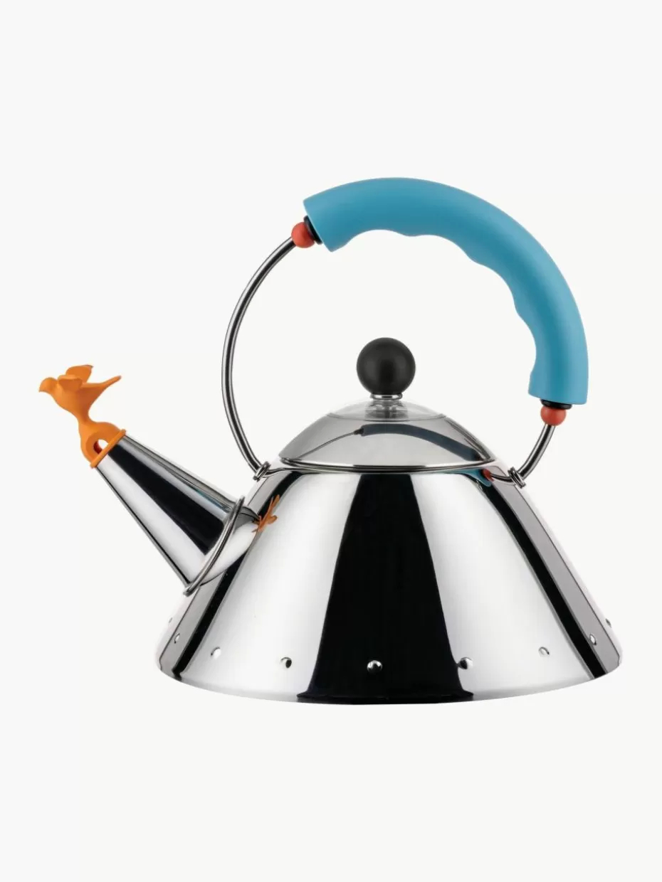 Wasserkocher-Alessi Wasserkessel Bird mit Pfeife, 1 L Silberfarben, Blau, Orange