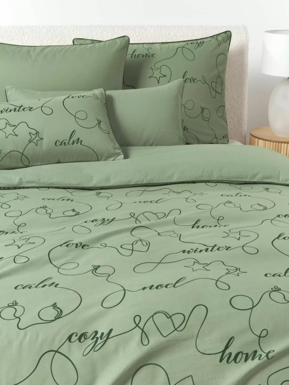 Weihnachtsbettwäsche | Bettwäsche-Westwing Collection Winterlicher Flanell-Bettdeckenbezug Isabelle mit Kederumrandung Salbeigrün